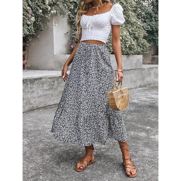 Women's Casual High Waist Floral Print Skirt Split Thigh A Line Maxi Skirts - Picture 3 of 7